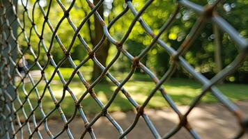 Close-up view of a rusty chain link fence with a blurred green park background on a sunny day photo