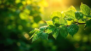 Lush green leaves on a branch with sunlight and water droplets in a beautiful bokeh photo