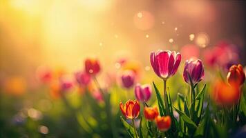 Beautiful garden of spring tulips blossoms showcasing vibrant colors with soft bokeh background for nature concepts photo