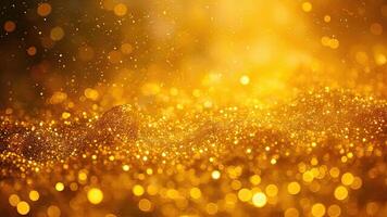 Abstract golden glitter background with defocused bokeh lights for festive celebration designs and events. photo