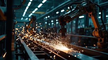 Robotic welding arm in action in a modern industrial manufacturing facility generating sparks photo