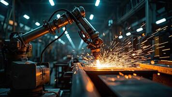 Robotic arm welding in industrial factory modern manufacturing automated process of steel fabrications photo