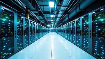 Modern data center server racks lined up in a long corridor perspective view photo