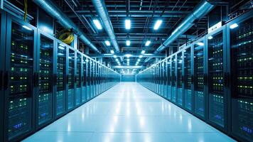Modern data center server room infrastructure with rows of network storage equipment photo