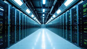 Server room infrastructure showcasing data storage and technology in a clean illuminated environment photo