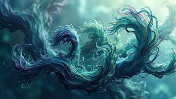 Abstract swirling textured artwork featuring flowing organic forms with gradients and vibrant ethereal tones. photo