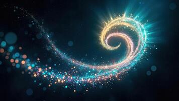 Abstract glowing swirl of light and sparkles in a dark background with beautiful bokeh effects photo