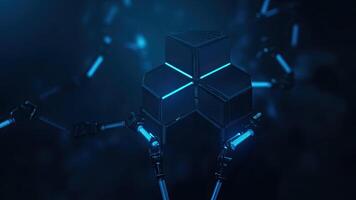 Futuristic abstract composition featuring geometric shapes connected by blue glowing robotic arms photo