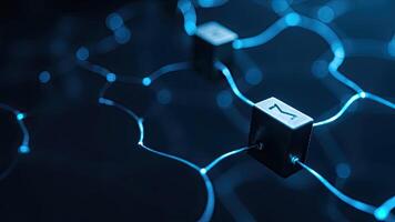 Futuristic network of cubes and fiber optics glowing with digital data transfer and connectivity photo