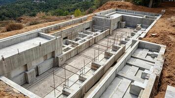 Concrete foundation construction site ready for house building infrastructure on hillside property photo