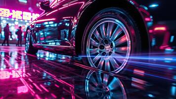 Futuristic night scene capturing the motion and reflection of a luxury vehicle photo