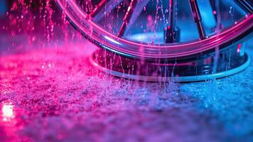 Abstract neon pink and blue water effects with a wheel in an atmospheric composition photo