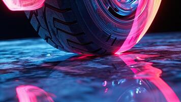 Futuristic motorcycle tire on illuminated ground abstract digital art conceptual design photo