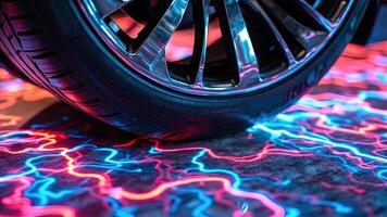 Sleek chrome car wheel on a neon lit surface with futuristic and modern lighting photo