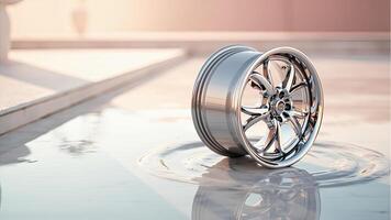 A shiny chrome car wheel displayed with subtle reflections on a textured surface photo