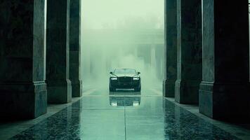 Luxurious black rolls royce automobile driving through ancient architectural structure in fog photo