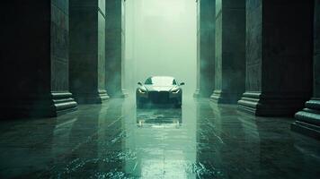 Modern sports car driving through a historic colonnade with architectural pillars in a mysterious atmosphere. photo