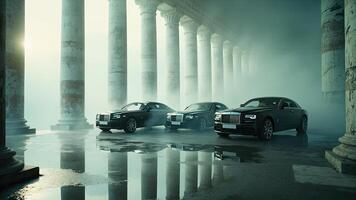 Three black luxury rolls royce cars parked inside ancient columns reflecting the light photo
