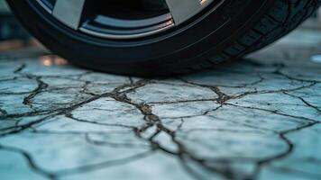 Car tire on cracked pavement close up abstract concept of damage and deterioration photo