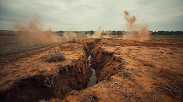 Eroded landscape showing a deep crack in the earth with dust plumes rising photo