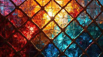Colorful stained glass window illuminated by bright sunlight creating beautiful abstract patterns photo