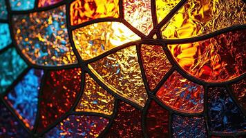 Close up view of a vibrant and colorful stained glass window in a church photo