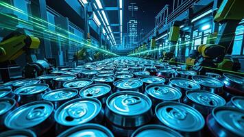 Automated industrial production line filling cans robotic arms and modern manufacturing processes photo