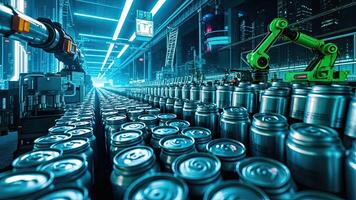 Automated canning factory with robotic arms processing rows of food cans in industrial environment photo