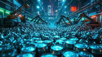 Automated robotic arms processing waste cans in a futuristic industrial city setting photo