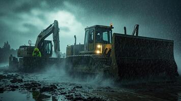 Heavy construction equipment operating in a stormy environment during a heavy rainfall event photo