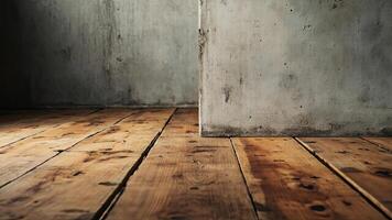 Rustic wooden floor and textured concrete wall with ambient lighting and shadows for backgrounds photo