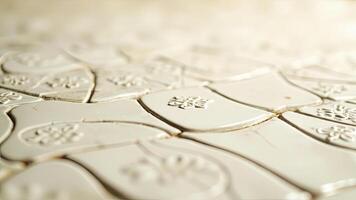 Close up view of white ornamental ceramic tiles with floral motifs for home design or architecture photo