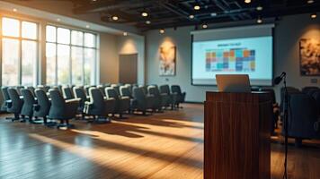Modern conference room with projector screen and empty seating ready for presentations and lectures photo