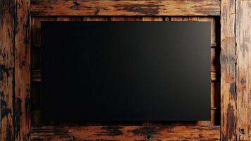 Blank black chalkboard against a rustic wooden frame perfect for text or design elements photo