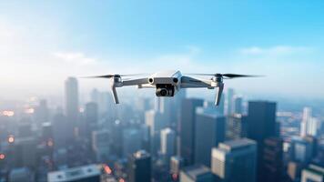 Modern drone capturing city views flying high above skyscrapers against a blue sky photo