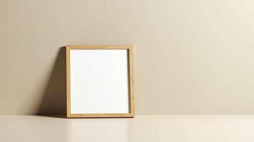 Wooden picture frame mockup on a neutral background perfect for displaying art or designs photo