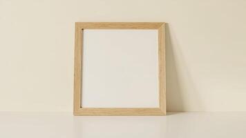 Wooden picture frame with blank white space for art or photography mockup on a tabletop photo