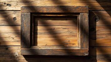 Rustic wooden picture frame on textured wooden background with shadows and natural lighting photo