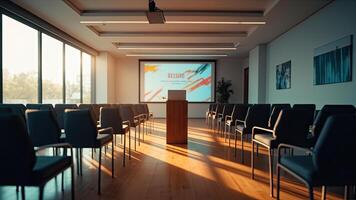 Empty conference room prepared for a presentation featuring a projector and wooden podium. photo