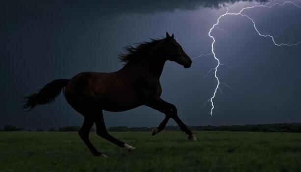 majestuoso caballo Galopando mediante un abierto campo debajo un Tormentoso cielo con dramático relámpago sorprendentes en el antecedentes foto