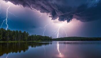 Dramatic Thunderstorm Over Calm Lake with Flashing Lightning and Dark Clouds Surrounding Lush Green Forested Landscape photo
