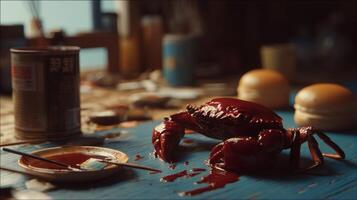 Freshly cooked crab on a table with sauces and burgers in a casual dining setting, rich colors and inviting atmosphere photo