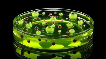 Colorful Liquid Experiment with Bubbles and Floating Spheres in Petri Dish on Dark Background photo