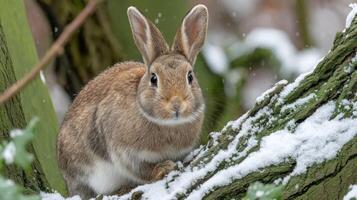 Adorable rabbit perched on snow-covered tree in winter forest, showcasing its intricate fur patterns and curious demeanor photo