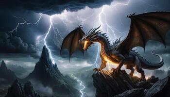 Majestic Dragon Overlooking Stormy Landscape with Dark Clouds and Flickering Lightning in Enchanted Fantasy Realm photo