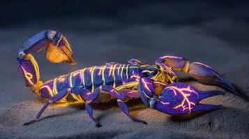 Stunning Close-Up of a Colorful Scorpion Illuminated Against Dark Background with Intricate Details and Rich Textures photo