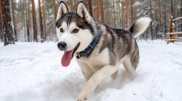 Playful Siberian Husky Dog Running in Winter Forest with Snowy Ground and Tall Pine Trees in Background photo
