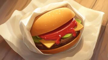 Delicious burger with cheddar cheese, fresh lettuce, tomato slice, and ketchup wrapped in paper on a wooden table surface photo
