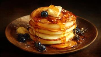 Delicious stack of fluffy pancakes topped with butter, syrup, and fresh blueberries on a rustic wooden table photo