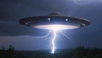 Futuristic Flying Saucer Hovering Over a Dark Forest During a Thunderstorm with Lightning Strikes in the Background photo